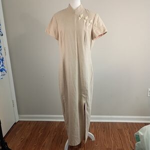 David Warren Beige Qpao Cheongsam with Pankou Linen Blend Women Dress Size 14
